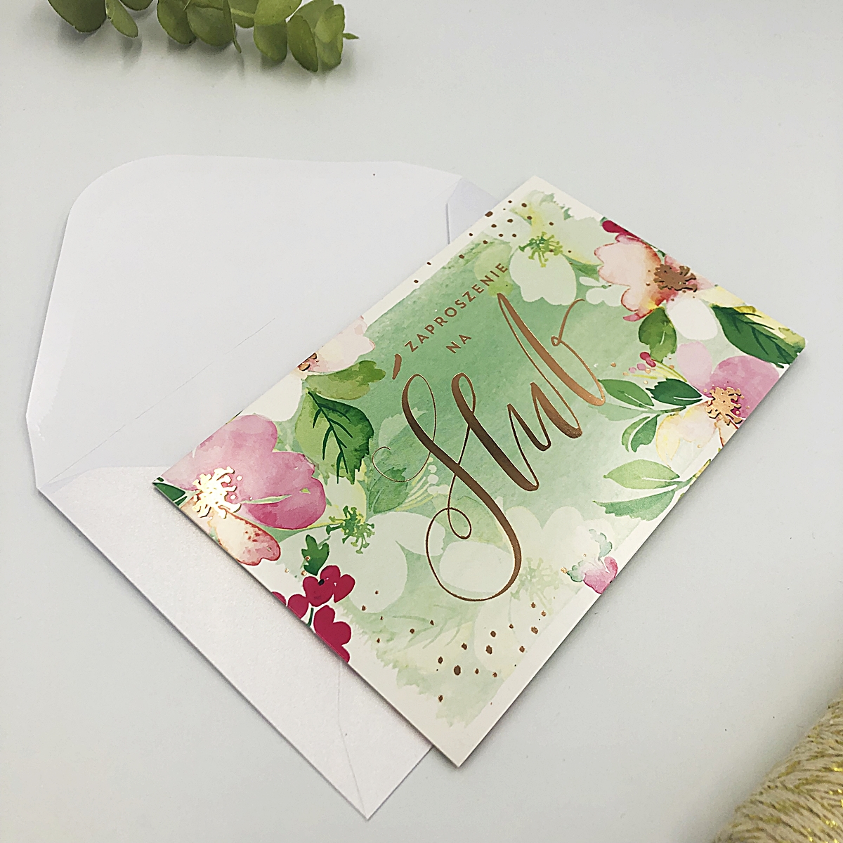 Zaproszenia ślubne do wypisania kwiaty glamour złote