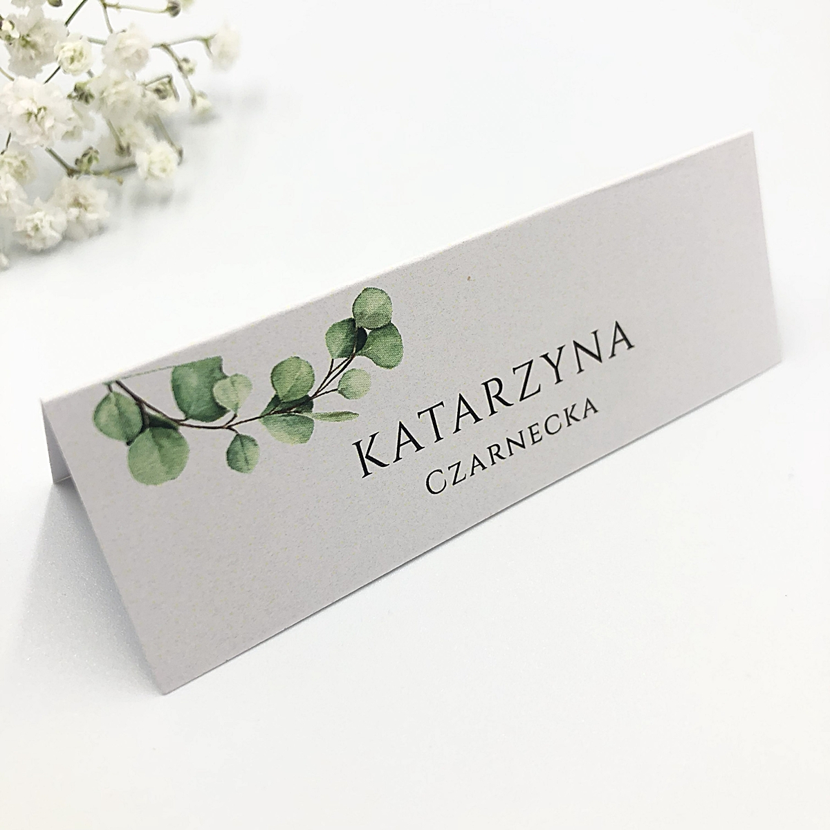 Winietki ślubne z eukaliptusem Personalizowane winietki ślubne w botanicznym stylu z gałązką eukaliptusa