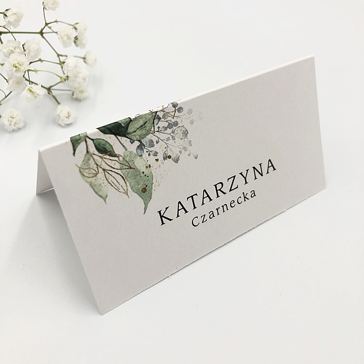 Winietki ślubne - złoto zielone listki Winietki ślubne personalizowane ze złoto zielonymi listkami
